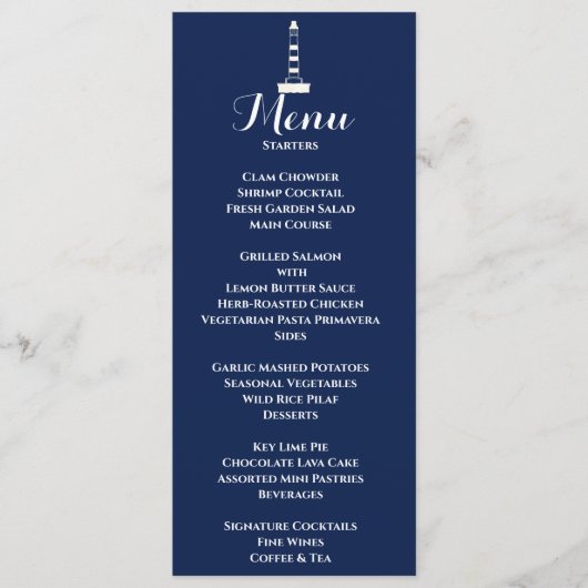Elegante nautische bruiloft vuurtoren wit & blauw menu (Voorkant)