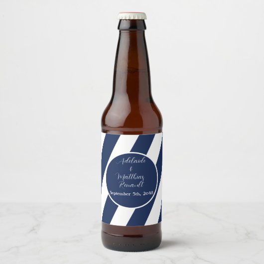 Elegante nautische gestreepte bruiloft - marinebla bier etiket (Voorkant)