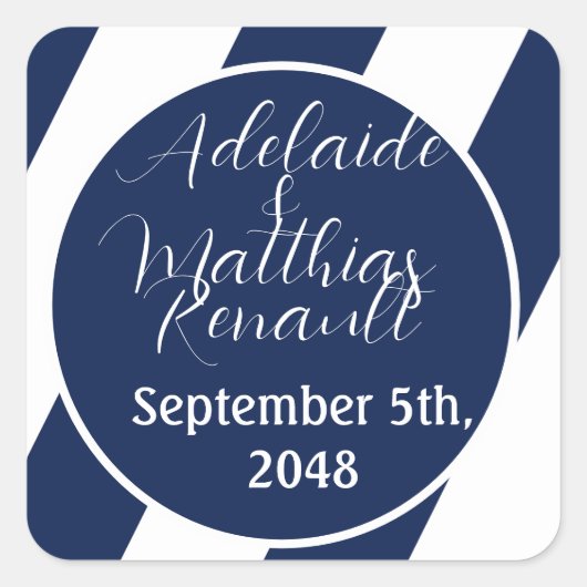 Elegante nautische gestreepte bruiloft - marinebla vierkante sticker (Voorkant)