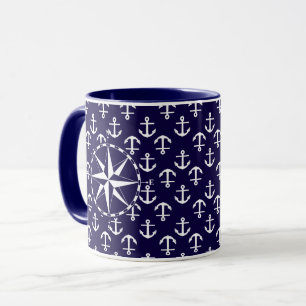 Elegante nautische kompas- en ankerpatroon blauw mok