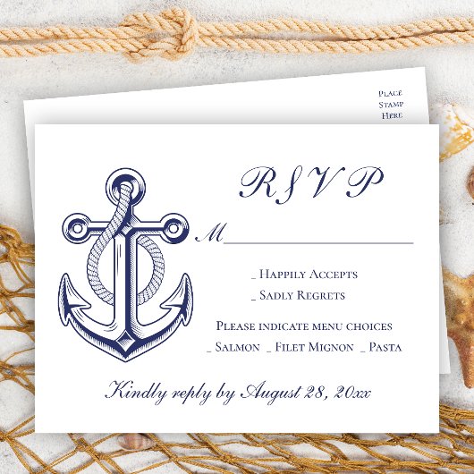 Elegante Nautische Marine Blauw Anker Bruiloft RSV Uitnodiging Briefkaart