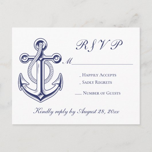 Elegante Nautische Marine Blauw Anker Bruiloft RSV Uitnodiging Briefkaart (Voorkant)