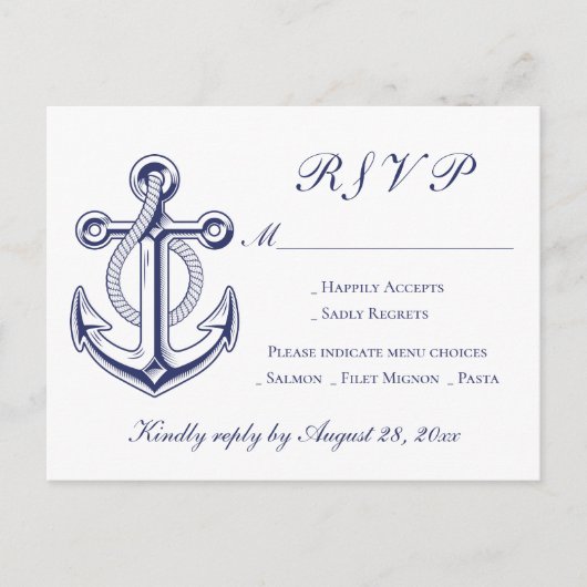 Elegante Nautische Marine Blauw Anker Bruiloft RSV Uitnodiging Briefkaart (Voorkant)