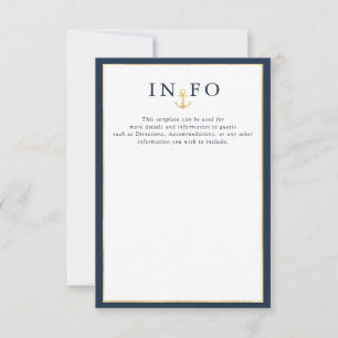 Elegante nautische marine blauwe bruiloft details RSVP kaartje