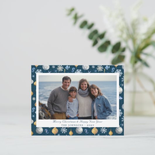 Elegante Nautische Sneeuwvlokken & Elementen Foto Feestdagenkaart (Staand voorkant)