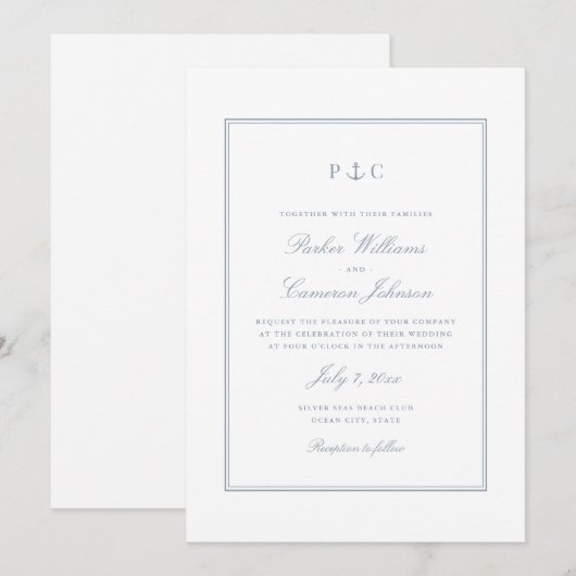 Elegante nautische stoffige blauwe anker bruiloft kaart (Voorkant / Achterkant)