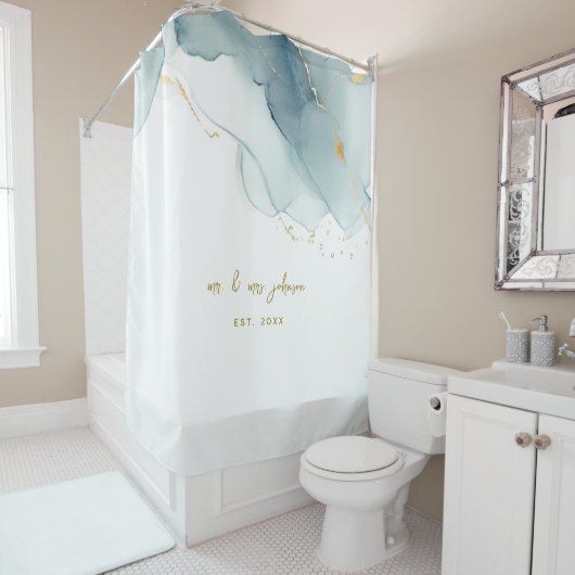 Elegante nautische stoffige blauwe gouden paar bru douchegordijn (In situ)