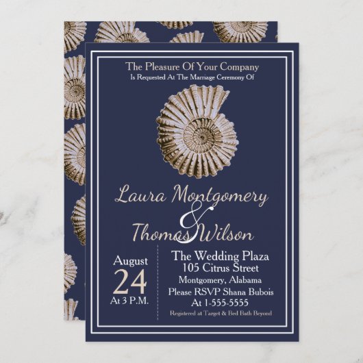 Elegante nautische strand Tan Seashell bruiloft Kaart (Voorkant / Achterkant)