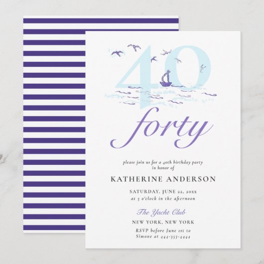 Elegante nautische strepen Boot Ocean 40th Verjaar Kaart (Voorkant / Achterkant)
