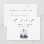 Elegante nautische vuurtoren illustratie bruiloft RSVP kaartje (Voorkant / Achterkant)