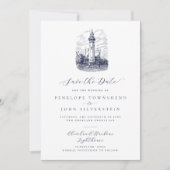 Elegante nautische vuurtoren illustratie bruiloft save the date (Voorkant)