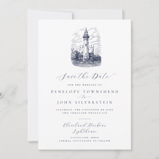 Elegante nautische vuurtoren illustratie bruiloft save the date (Voorkant)