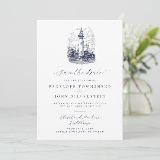 Elegante nautische vuurtoren illustratie bruiloft save the date (Staand voorkant)
