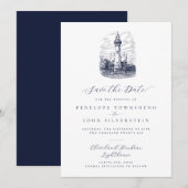 Elegante nautische vuurtoren illustratie bruiloft save the date (Voorkant / Achterkant)
