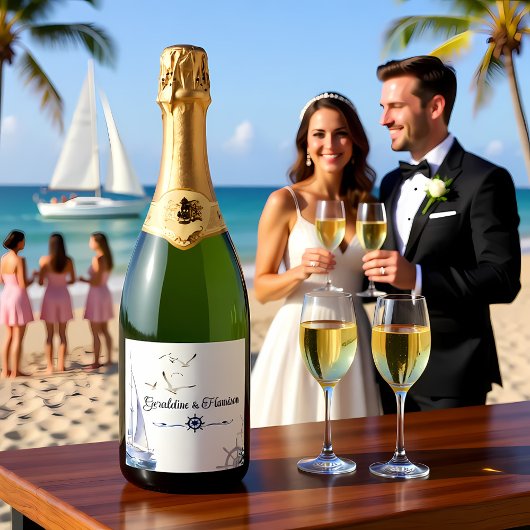Elegante nautische zeilbruiloft sparkling wijnetiket