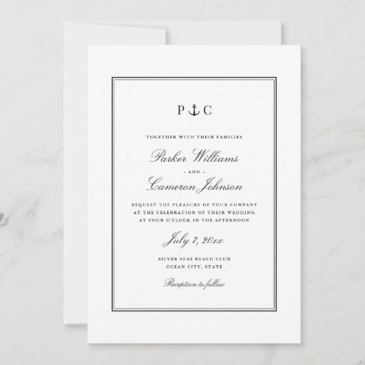 Elegante nautische zwart-wit anker bruiloft kaart (Voorkant)