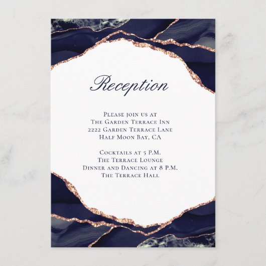 Elegante Navy Agaat Roos Gouden Bruiloft Receptie Informatiekaartje (Voorkant)