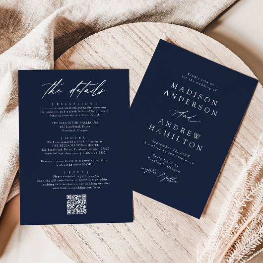 Elegante Navy All In One QR Code Huwelijk Kaart