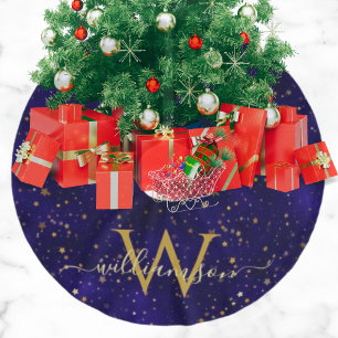 Elegante Navy Blau Gouden Sterren Geborduurde Fluw Kerstboom Rok