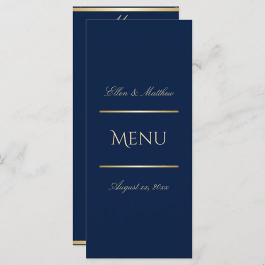 Elegante Navy Blauw en Gouden Bruiloft Receptie Menu (Voorkant / Achterkant)