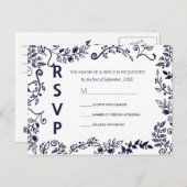 Elegante Navy Blauw en Wit Bloemen RSVP Briefkaart (Voorkant / Achterkant)