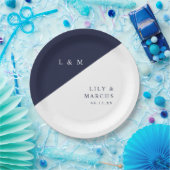 Elegante Navy blauw en wit monogram bruiloft Papieren Bordje (Feest)