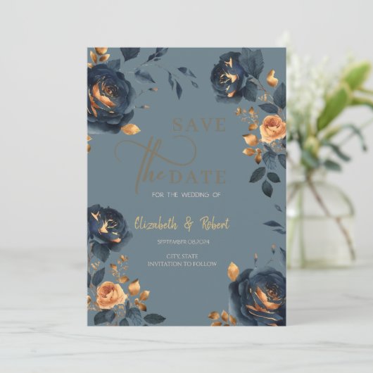 Elegante Navy Blauw Gouden Bloemen Save The Date (Staand voorkant)
