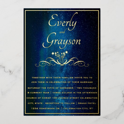 Elegante Navy Blauw & Gouden Bruiloft Fairy Lights Folie Uitnodiging (Voorkant)