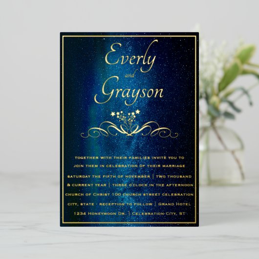 Elegante Navy Blauw & Gouden Bruiloft Fairy Lights Folie Uitnodiging (Staand Voorkant)