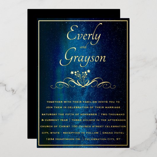 Elegante Navy Blauw & Gouden Bruiloft Fairy Lights Folie Uitnodiging (Voorkant / Achterkant)