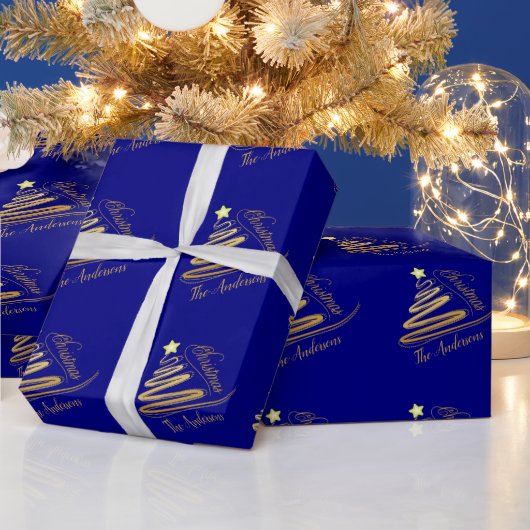 Elegante Navy Blauw Gouden Folie Kerstboom Cadeaupapier (Feestdagen)