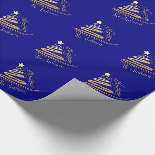 Elegante Navy Blauw Gouden Folie Kerstboom Cadeaupapier (Hoek)
