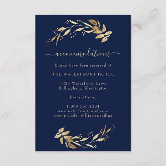Elegante Navy Blauw Gouden Trouwaccommodaties Informatiekaartje (Voorkant)