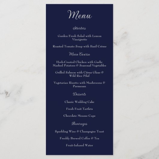 Elegante Navy Blauw & Zilver Script Trouwmenu Menu (Achterkant)