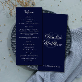 Elegante Navy Blauw & Zilver Script Trouwmenu Menu