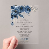 Elegante Navy Blauw Zilveren Waterverf Floral Wedd Acryl Uitnodigingen (Insitu (Draagbaar))
