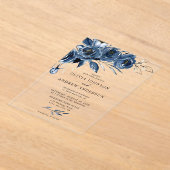 Elegante Navy Blauw Zilveren Waterverf Floral Wedd Acryl Uitnodigingen (Laagn)