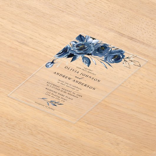 Elegante Navy Blauw Zilveren Waterverf Floral Wedd Acryl Uitnodigingen (Laagn)