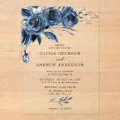 Elegante Navy Blauw Zilveren Waterverf Floral Wedd Acryl Uitnodigingen (Voorkant)