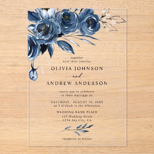 Elegante Navy Blauw Zilveren Waterverf Floral Wedd Acryl Uitnodigingen (Voorkant)