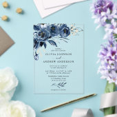 Elegante Navy Blauw Zilveren Waterverf Floral Wedd Acryl Uitnodigingen (Insitu (Huwelijk))