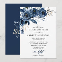 Elegante Navy Blauw Zilveren Waterverf Floral Wedd