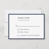 Elegante Navy blauw Zwart en Wit bruiloft RSVP Kaartje (Voorkant)