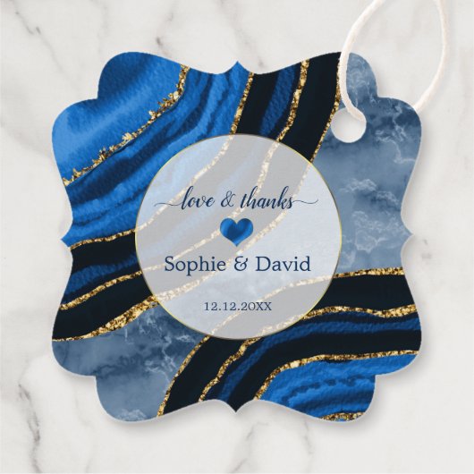 Elegante Navy Blauwe Agate Gouden Marmeren Bruilof Bedankjes Labels (Achterkant)