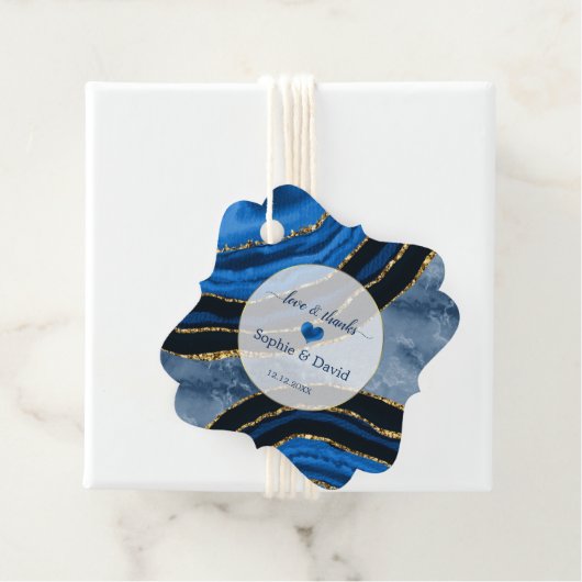 Elegante Navy Blauwe Agate Gouden Marmeren Bruilof Bedankjes Labels (In situ)