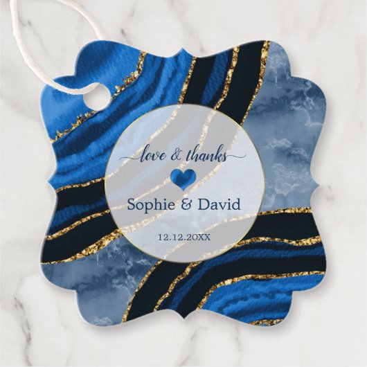 Elegante Navy Blauwe Agate Gouden Marmeren Bruilof Bedankjes Labels (Voorkant)