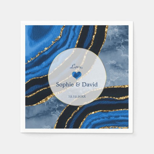 Elegante Navy Blauwe Agate Gouden Marmeren Bruilof Servet (Voorkant)