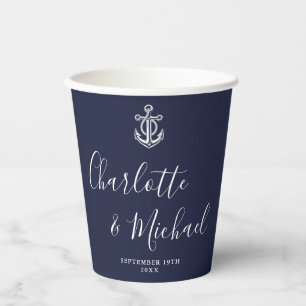 Elegante Navy Blauwe Anker Zeevaart Huwelijk Papieren Bekers
