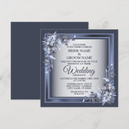 Elegante Navy Blauwe Bloem Geborduurd Zilveren Huw Kaart