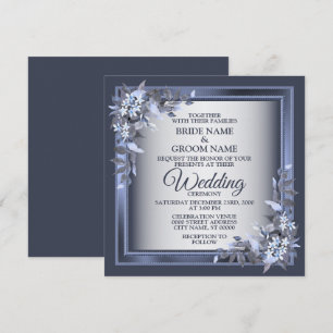 Elegante Navy Blauwe Bloem Geborduurd Zilveren Huw Kaart